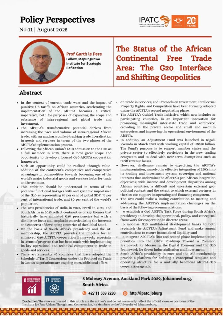 The Status of the African Continental Free Trade Area: The G20 Interface and Shifting Geopolitics