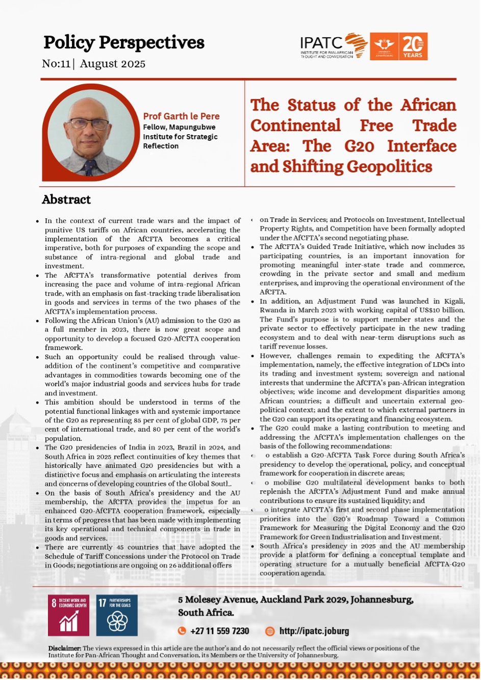 The Status of the African Continental Free Trade Area: The G20 Interface and Shifting Geopolitics